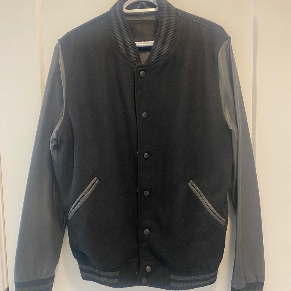 Black and Gray Bomber Jacket with Ribbed Trim